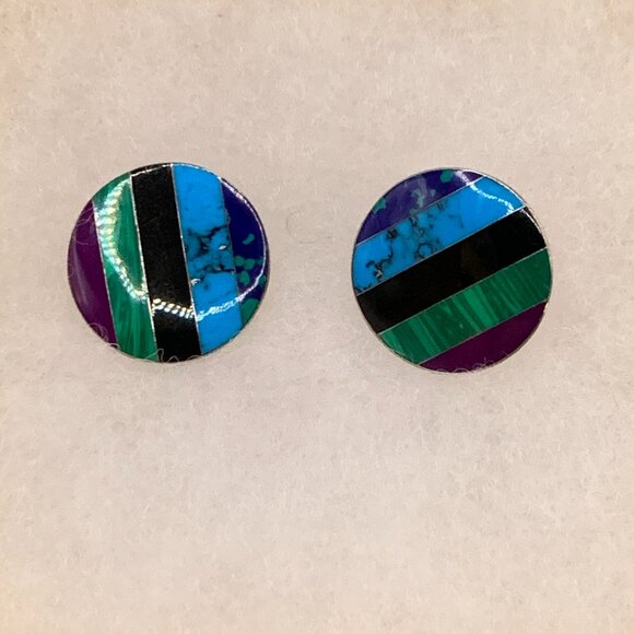 CII MEXICO Stone Inlay 925 Sterling Silver Vtg Mexican Pierced Earrings J610 - Picture 3 of 8